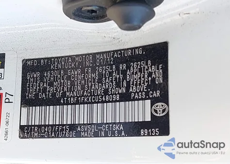 2012 Toyota Camry Se z USA, uszkodzony, nr VIN 4T1BF1FKXCU548098